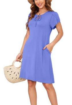 Sommerkleid Damen Knielang A-Linie Kleider T Shirt Kleid Elegant Strandkleid Swingkleid Loose Jersey Dresses Kornblumenblau XL von VOGMATE
