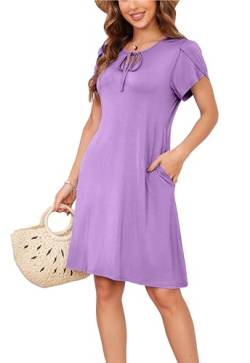 Sommerkleid Damen Knielang A-Linie Kleider T Shirt Kleid Elegant Strandkleid Swingkleid Loose Jersey Dresses Lavendel M von VOGMATE
