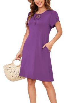 Sommerkleid Damen Knielang A-Linie Kleider T Shirt Kleid Elegant Strandkleid Swingkleid Loose Jersey Dresses Lila S von VOGMATE