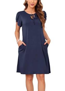 Sommerkleid Damen Knielang A-Linie Kleider T Shirt Kleid Elegant Strandkleid Swingkleid Loose Jersey Dresses Tiefblau M von VOGMATE