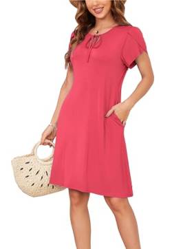 Sommerkleid Damen Knielang A-Linie Kleider T Shirt Kleid Elegant Strandkleid Swingkleid Loose Jersey Dresses Tomatenrot XL von VOGMATE