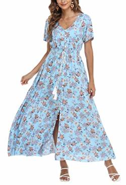 VOGMATE Boho Kleid Damen Lange V-Ausschnitt Kurzarm Blumen Maxikleider Damen Sommer Strandkleid Sommerkleid Herbstkleid Partykleid Blumenkleid Elegant mit Schlitz,M von VOGMATE