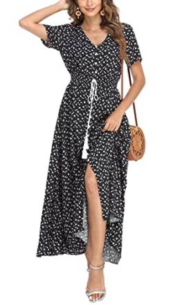 VOGMATE Boho Kleid Damen Lange V-Ausschnitt Kurzarm Blumen Maxikleider Damen Sommer Strandkleid Sommerkleid Herbstkleid Partykleid Blumenkleid Elegant mit Schlitz,M von VOGMATE