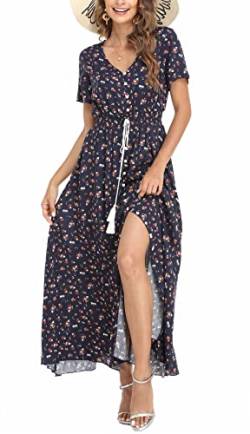 VOGMATE Boho Kleid Damen Lange V-Ausschnitt Kurzarm Blumen Maxikleider Damen Sommer Strandkleid Sommerkleid Herbstkleid Partykleid Blumenkleid Elegant mit Schlitz,XL von VOGMATE