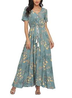 VOGMATE Boho Kleid Damen Lange V-Ausschnitt Kurzarm Blumen Maxikleider Damen Sommer Strandkleid Sommerkleid Herbstkleid Partykleid Blumenkleid Elegant mit Schlitz von VOGMATE