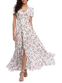 VOGMATE Boho Kleid Damen Lange V-Ausschnitt Kurzarm Blumen Maxikleider Damen Sommer Strandkleid Sommerkleid Herbstkleid Partykleid Blumenkleid Elegant mit Schlitz von VOGMATE