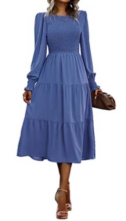 VOGMATE Damen Casual Smocked Kleid Langarm Rundhalsausschnitt High Waist Tiered Midi Kleid, Blau S von VOGMATE