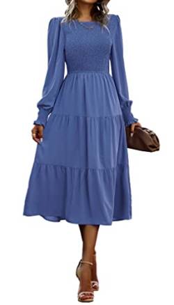 VOGMATE Damen Casual Smocked Kleid Langarm Rundhalsausschnitt High Waist Tiered Midi Kleid, Blau XL von VOGMATE