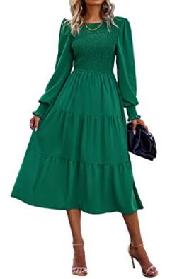 VOGMATE Damen Casual Smocked Kleid Langarm Rundhalsausschnitt High Waist Tiered Midi Kleid, Grün L von VOGMATE