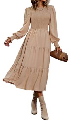 VOGMATE Damen Casual Smocked Kleid Langarm Rundhalsausschnitt High Waist Tiered Midi Kleid, Khaki L von VOGMATE