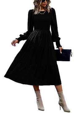 VOGMATE Damen Casual Smocked Kleid Langarm Rundhalsausschnitt High Waist Tiered Midi Kleid, Schwarz XL von VOGMATE