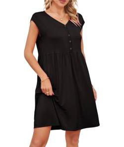 VOGMATE Nachthemd Damen Ärmelloses Sexy Kurz Negligee mit Knopfleiste V-Ausschnitt Schlafkleid Nachtkleid Sleepshirt Schwarz M von VOGMATE