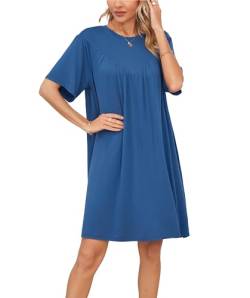 VOGMATE Nachthemd Damen Kurzarm Loses T-Shirt Oversize Schlafkleid Negligee Nachtkleid Große Größen Sleepshirt Blau XL von VOGMATE