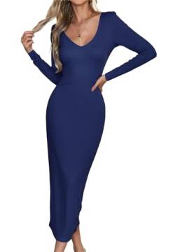 VOGMATE Strickkleid Damen Lang Sexy Rückenfreie Langarm V Ausschnitt Bodycon Dress Eng Kleider Cocktailkleid Elegant Casual Dresses Blaue Marine M von VOGMATE