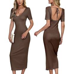 VOGMATE Strickkleid Damen Lang Sexy Rückenfreie V Ausschnitt Bodycon Dress Eng Kleider Cocktailkleid Elegant Casual Dresses Braun S von VOGMATE