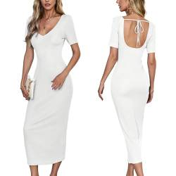 VOGMATE Strickkleid Damen Lang Sexy Rückenfreie V Ausschnitt Bodycon Dress Eng Kleider Cocktailkleid Elegant Casual Dresses Weiß S von VOGMATE