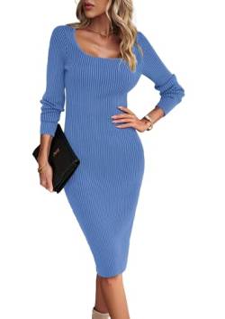 VOGMATE Strickkleid Damen Winter Langarm Kleid Sexy Herbstkleid Partykleid Midikleid Knit Bodycon Dress Pulloverkleid Blau L von VOGMATE