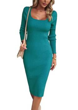 VOGMATE Strickkleid Damen Winter Langarm Kleid Sexy Herbstkleid Partykleid Midikleid Knit Bodycon Dress Pulloverkleid Türkis L von VOGMATE