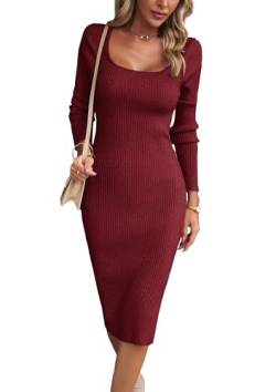 VOGMATE Strickkleid Damen Winter Langarm Kleid Sexy Herbstkleid Partykleid Midikleid Knit Bodycon Dress Pulloverkleid Wein M von VOGMATE