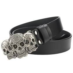 VOIV Gürtel Totenkopf Schnalle Cowskin Ledergürtel Crossbones Skelett Reggae Heavy Metal Rock Deko, 3 Schädelkopf, 125 cm von VOIV