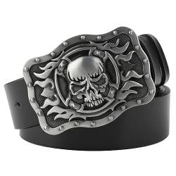 VOIV Gürtel Totenkopf Schnalle Cowskin Ledergürtel Crossbones Skelett Reggae Heavy Metal Rock Deko, Flammenschädel, 125 cm von VOIV