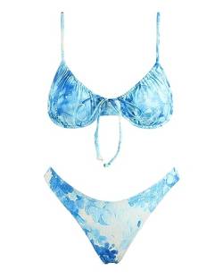 VOLAFA Damen Triangel Bikini Badeanzug Druck Push Up Elastische Krawatte String Top Gerippt Zweiteiliger Badeanzug Set, Blaue Phantomklinge, 38 von VOLAFA