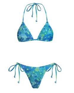 VOLAFA Damen Triangle Bikini String Badeanzug Print Krawatte gesmokt gerüscht zweiteilig Badeanzug Set, Abyssal Green-Str, 36 von VOLAFA