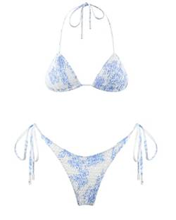 VOLAFA Damen Triangle Bikini String Badeanzug Print Krawatte gesmokt gerüscht zweiteilig Badeanzug Set, Hell, blau, 36 von VOLAFA