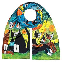 VON LILIENFELD Schal Damen 100% Seide Rosina Wachtmeister: All Together Katzen Kunst Motiv Halstuch Seidenschal Seidentuch Kanten handgerollt 172 x 42 cm von VON LILIENFELD