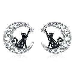 Mond Katze Ohrstecker Sterling Silber Katzen Ohrringe Schmuck für Damen Mädchen (Mond und schwarze Katze) von VONALA