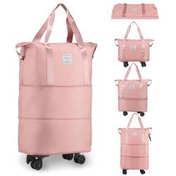 Rolling Duffle Bag with Wheels, VOOWO Expandable Luggage Bag, Foldable Duffle Bag, Weekend Bag for Women, Travel Duffel Bag, Pink, Erweiterbare Reisetasche mit Rollen von VOOWO