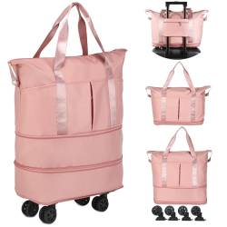 VOOWO Reisetasche mit Rollen, erweiterbar, faltbar, mit Rollen für Reisen, Rollgepäck, Handgepäck, Reisetasche, große Wochenendtasche für Damen und Herren, Pink, Erweiterbare Reisetasche mit Rollen von VOOWO