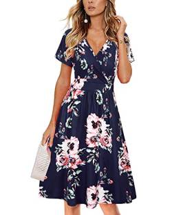 VOTEPRETTY Sommerkleid Damen Knielang Kleid Kurzarm V Ausschnitt Wickelkleid Blumen Strandkleid mit Taschen von VOTEPRETTY