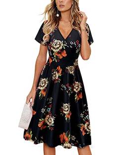 VOTEPRETTY Sommerkleid Damen Knielang Kleid Kurzarm V Ausschnitt Wickelkleid Blumen Strandkleid mit Taschen von VOTEPRETTY