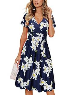 VOTEPRETTY Sommerkleid Damen Knielang Kleid Kurzarm V Ausschnitt Wickelkleid Blumen Strandkleid mit Taschen von VOTEPRETTY