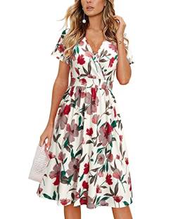 VOTEPRETTY Sommerkleid Damen Knielang Kleid Kurzarm V Ausschnitt Wickelkleid Blumen Strandkleid mit Taschen von VOTEPRETTY