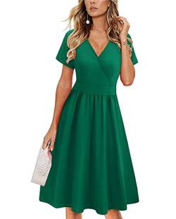 VOTEPRETTY Sommerkleid Damen Knielang Kleid Sommer V Ausschnitt Wickelkleid Kurzarm Midikleid mit Taschen(Grün,XL) von VOTEPRETTY