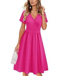 VOTEPRETTY Sommerkleid Damen Knielang Kurzarm Kleid V-Ausschnitt Wickelkleid Sommer Blumenkleid mit Taschen von VOTEPRETTY