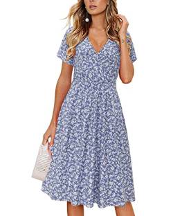 VOTEPRETTY Sommerkleid Damen Knielang Kurzarm Kleid V-Ausschnitt Wickelkleid Sommer Blumenkleid mit Taschen von VOTEPRETTY