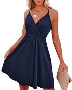 VOTEPRETTY Sommerkleid Damen Knielang Spaghettiträger Sommer Kleid Kurz Leicht V Ausschnitt Strandkleid Marine Blau von VOTEPRETTY