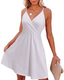 VOTEPRETTY Sommerkleid Damen Knielang Spaghettiträger Sommer Kleid Kurz Leicht V Ausschnitt Strandkleid Weiß von VOTEPRETTY