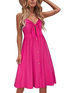 VOTEPRETTY Sommerkleider Damen Knielang Spaghettiträger Kleid Sommer Strandkleid Midkleid mit Taschen Rose von VOTEPRETTY