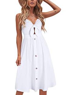 VOTEPRETTY Sommerkleider Damen Knielang Spaghettiträger Kleid Weiß Sommer Strandkleid Midkleid mit Taschen von VOTEPRETTY