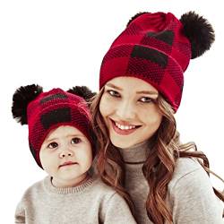 VOVCIG 2PCS Eltern-Kind Hüte, Weihnachten Mutter Baby Hut Passende Outfits Winter Warme Strick Hut Weiche Mütze Hüte für Frauen Tochter Sohn von VOVCIG