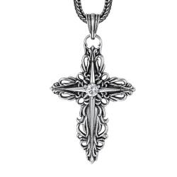 VOYADE S925 Sterling Silber Floral Kreuz Anhänger, Paar Mode Kruzifix Anhänger Halskette,Silber,Pendant + Chain 70cm von VOYADE