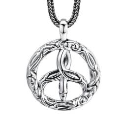 VOYADE S925 Sterling Silber Gras-Muster Kreis Anhänger, Hip Hop Kreis Anhänger Halskette Für Männer Und Frauen,Silber,Pendant + Chain 65cm von VOYADE