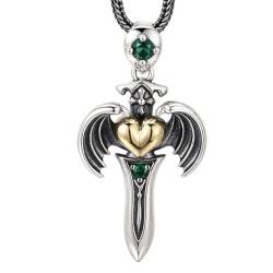 VOYADE S925 Sterling Silber Herz-Kreuz-Schwert-Anhänger, Männer Und Frauen Flügel Kreuz Anhänger Halskette,Silber,Pendant + Chain 50cm von VOYADE