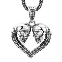 VOYADE S925 Sterling Silber Herz-Totenkopf-Anhänger, Männer Und Frauen Gothic Herz Anhänger Halskette,Silber,Pendant + Chain 60cm von VOYADE