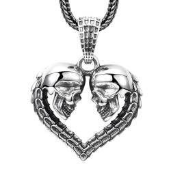 VOYADE S925 Sterling Silber Herz-Totenkopf-Anhänger, Männer Und Frauen Gothic Herz Anhänger Halskette,Silber,Pendant + Chain 65cm von VOYADE