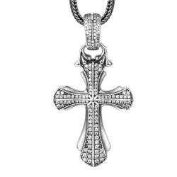 VOYADE S925 Sterling Silber Kreuz Mit Zirkonia-Anhänger, Männer Und Frauen Vintage Kreuz Anhänger Halskette,Silber,Pendant + Chain 55cm von VOYADE